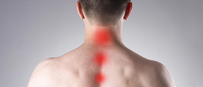 Man with back facing camera, with a highlighted areas that show his spine